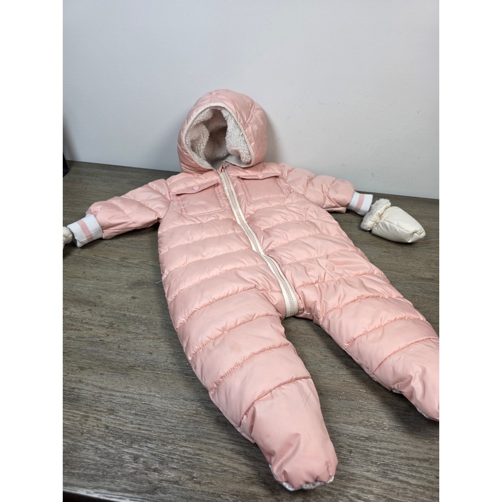 Urban Republic Baby Girls Pink Quilted Snowsuit Pram Bunting Hooded Mittens 9M